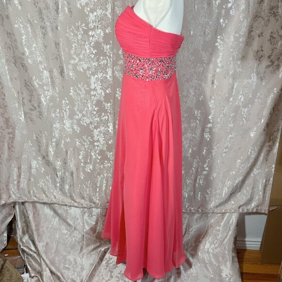 Coral Chiffon Asymmetrical One Shoulder Rhinestone Gown Prom Dress Size 6 - Picture 4 of 7